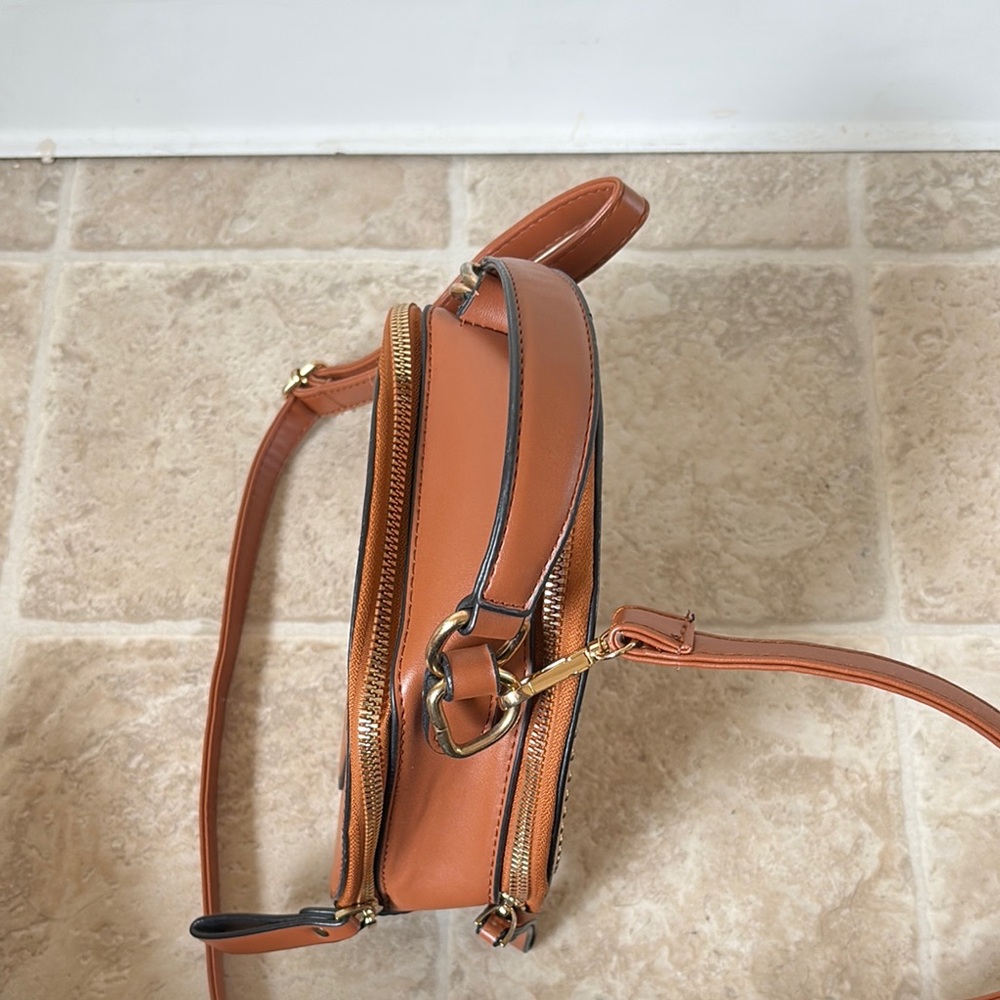 Brown Round Top-Handle Crossbody Bag with Gold Embellishment - Picture 4 of 5
